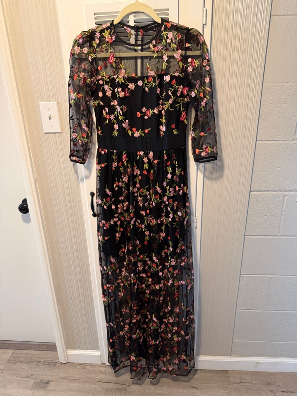 Olivaceous Black Mesh Maxi Dress with Pink & Green Floral Embroidery